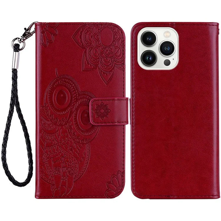For iPhone 15 Pro Case PU Leather Stand Owl Flower Imprinted Phone Wallet Cover
