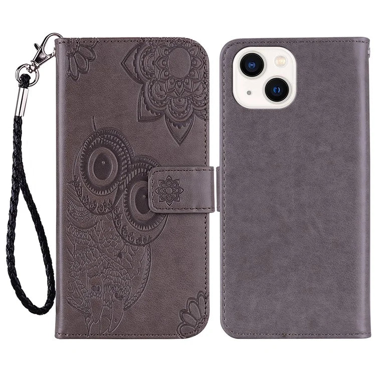 For iPhone 15 Case Owl Pattern PU Leather Stand Wallet Flip Phone Cover