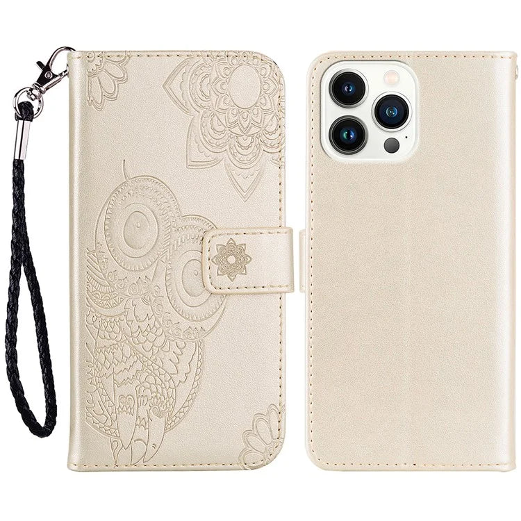 For iPhone 15 Pro Max Case PU Leather Stand Owl Imprinted Phone Wallet Cover