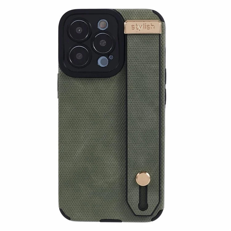 Morandi Style for iPhone 15 Pro Case Wristband Design TPU+PU Leather Phone Cover