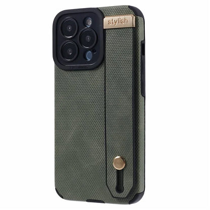 Morandi Style for iPhone 15 Pro Case Wristband Design TPU+PU Leather Phone Cover