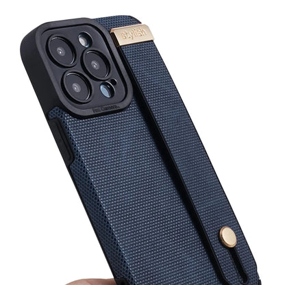 Morandi Style for iPhone 15 Pro Case Wristband Design TPU+PU Leather Phone Cover