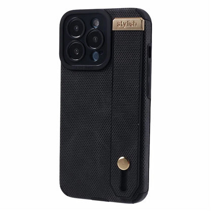 Morandi Style for iPhone 15 Pro Case Wristband Design TPU+PU Leather Phone Cover