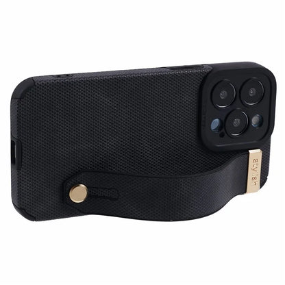 Morandi Style for iPhone 15 Pro Case Wristband Design TPU+PU Leather Phone Cover