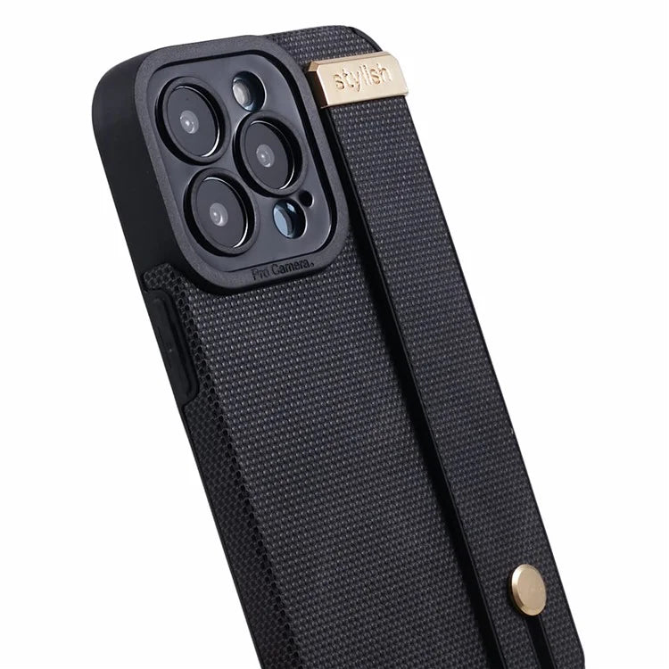 Morandi Style for iPhone 15 Pro Case Wristband Design TPU+PU Leather Phone Cover