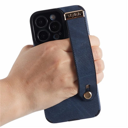 Morandi Style for iPhone 15 Pro Case Wristband Design TPU+PU Leather Phone Cover