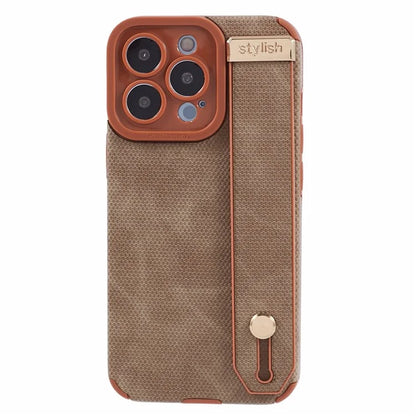 Morandi Style for iPhone 15 Pro Case Wristband Design TPU+PU Leather Phone Cover