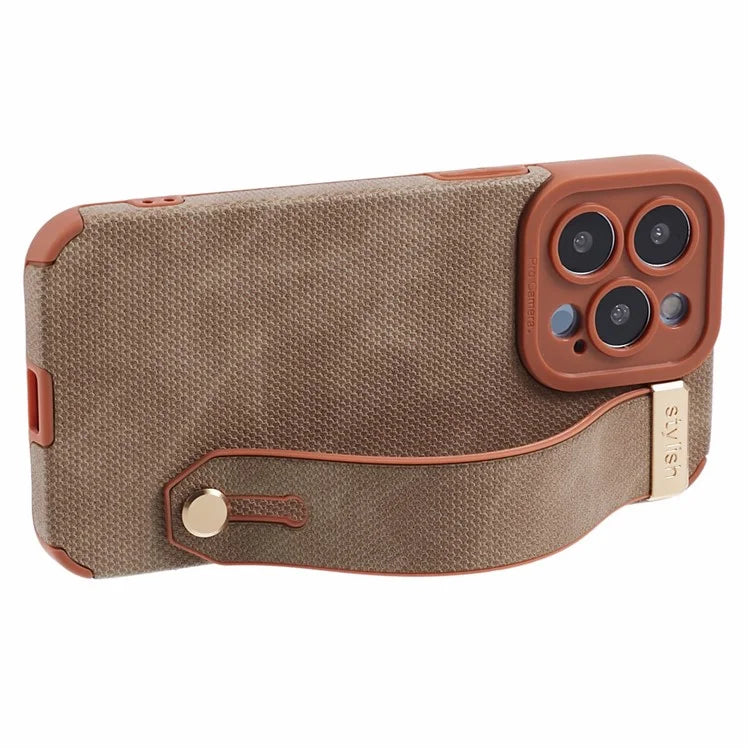 Morandi Style for iPhone 15 Pro Case Wristband Design TPU+PU Leather Phone Cover