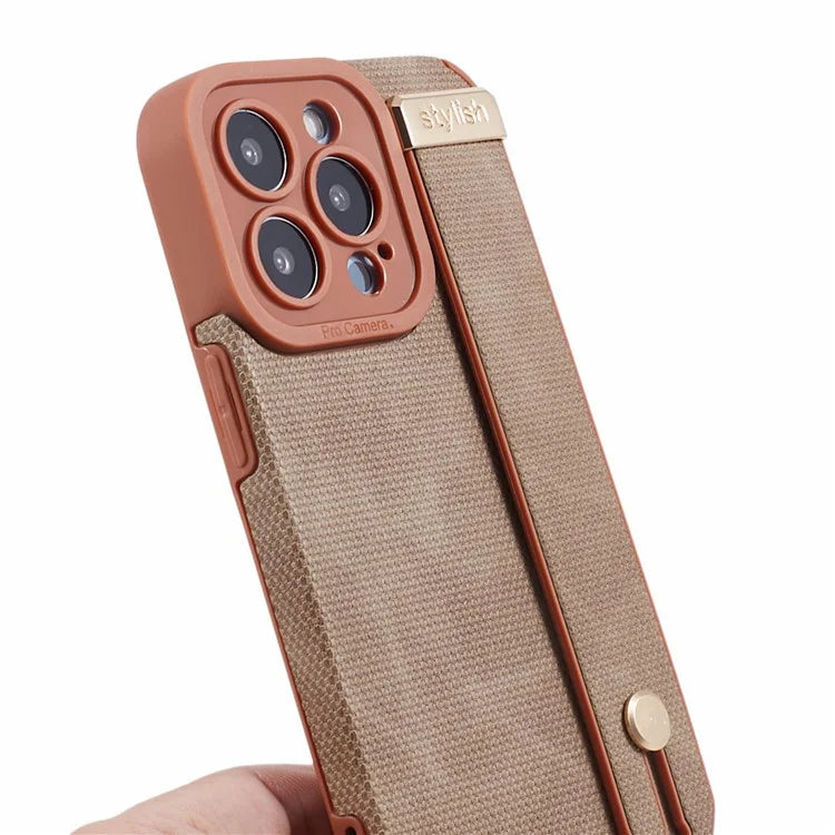 Morandi Style for iPhone 15 Pro Case Wristband Design TPU+PU Leather Phone Cover