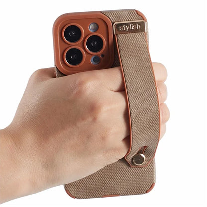 Morandi Style for iPhone 15 Pro Case Wristband Design TPU+PU Leather Phone Cover
