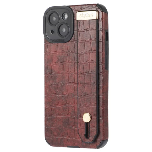 For iPhone 13 Case Wristband Kickstand Slim-Fit Crocodile Texture PU Leather+TPU Phone Cover