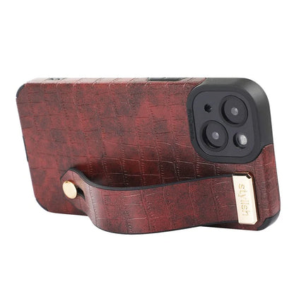 For iPhone 13 Case Wristband Kickstand Slim-Fit Crocodile Texture PU Leather+TPU Phone Cover