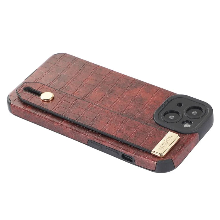 For iPhone 13 Case Wristband Kickstand Slim-Fit Crocodile Texture PU Leather+TPU Phone Cover