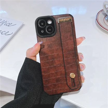 For iPhone 13 Case Wristband Kickstand Slim-Fit Crocodile Texture PU Leather+TPU Phone Cover
