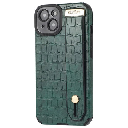 For iPhone 13 Case Wristband Kickstand Slim-Fit Crocodile Texture PU Leather+TPU Phone Cover