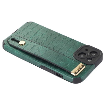For iPhone 13 Case Wristband Kickstand Slim-Fit Crocodile Texture PU Leather+TPU Phone Cover