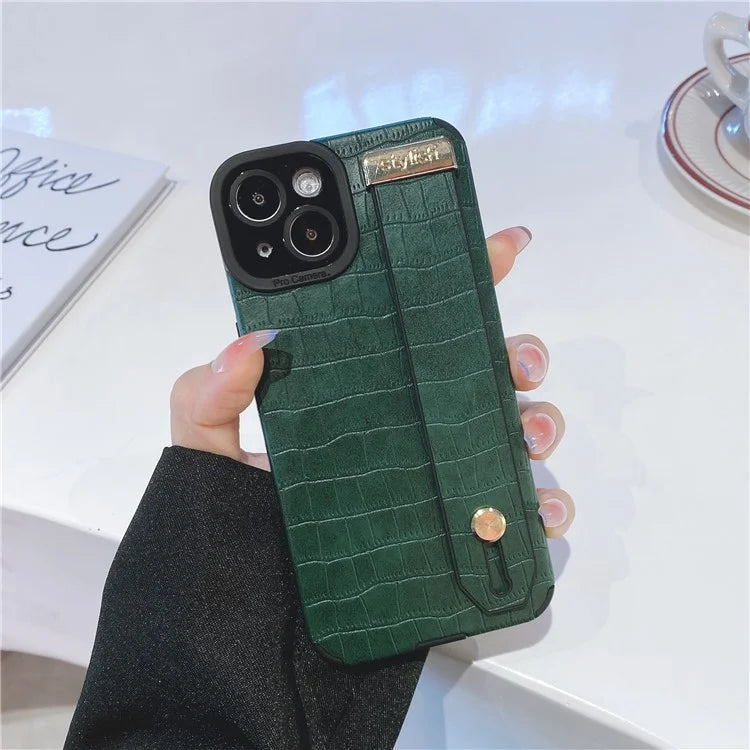 For iPhone 13 Case Wristband Kickstand Slim-Fit Crocodile Texture PU Leather+TPU Phone Cover