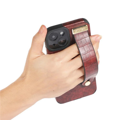 For iPhone 13 Case Wristband Kickstand Slim-Fit Crocodile Texture PU Leather+TPU Phone Cover