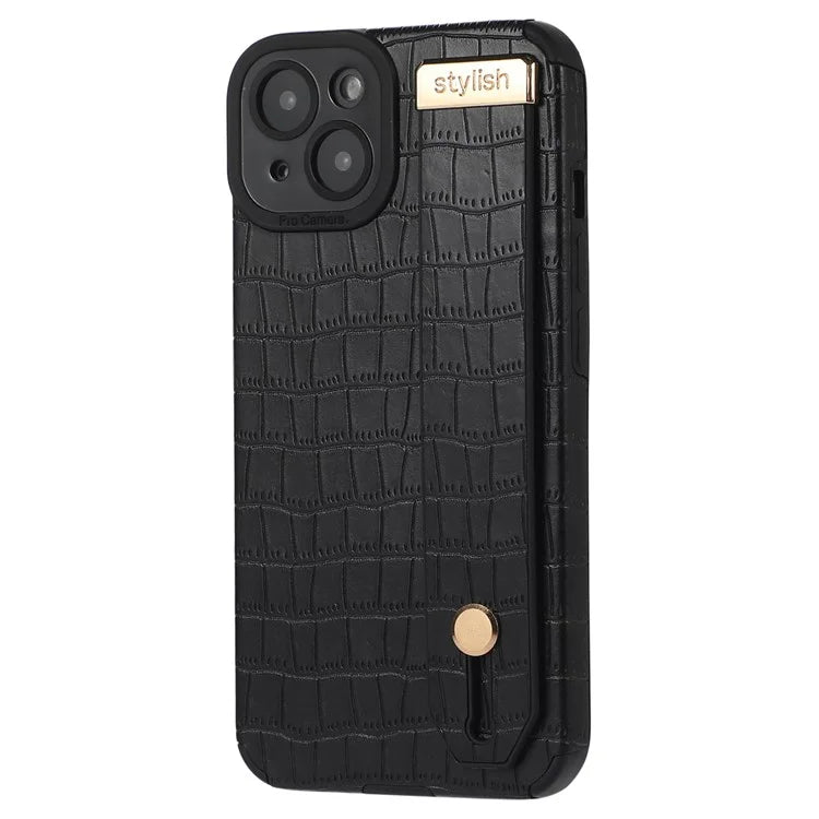 For iPhone 13 Case Wristband Kickstand Slim-Fit Crocodile Texture PU Leather+TPU Phone Cover