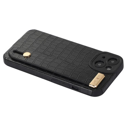 For iPhone 13 Case Wristband Kickstand Slim-Fit Crocodile Texture PU Leather+TPU Phone Cover