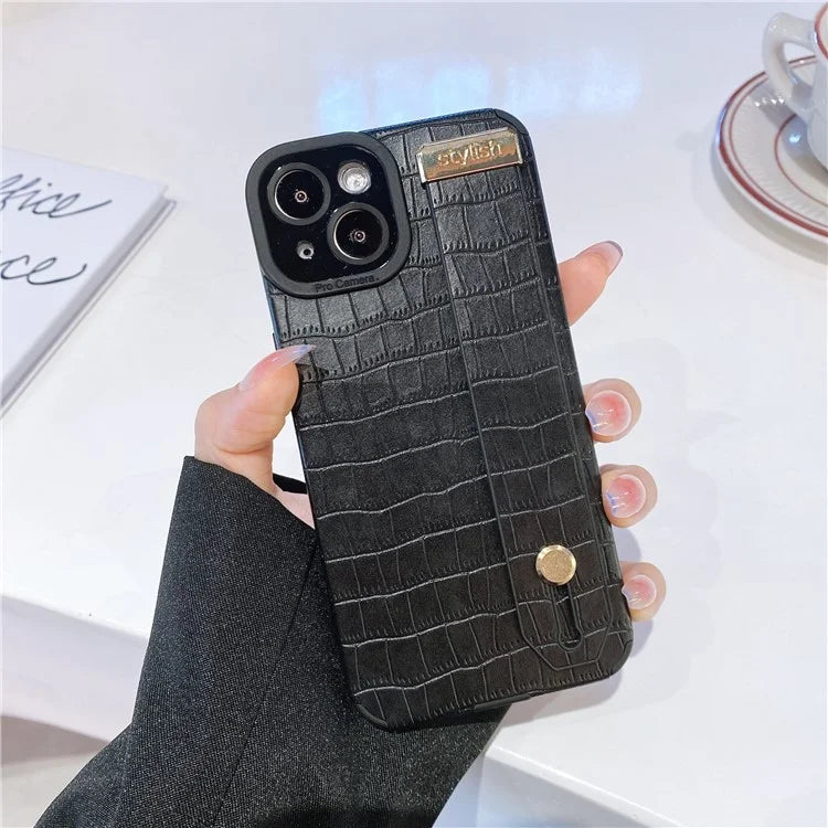 For iPhone 13 Case Wristband Kickstand Slim-Fit Crocodile Texture PU Leather+TPU Phone Cover