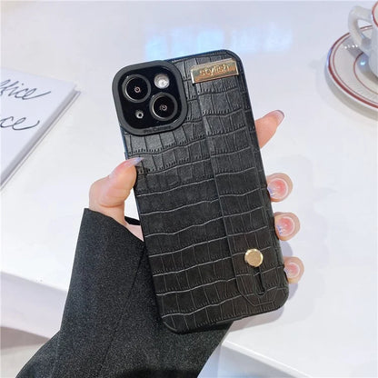 For iPhone 13 Case Wristband Kickstand Slim-Fit Crocodile Texture PU Leather+TPU Phone Cover