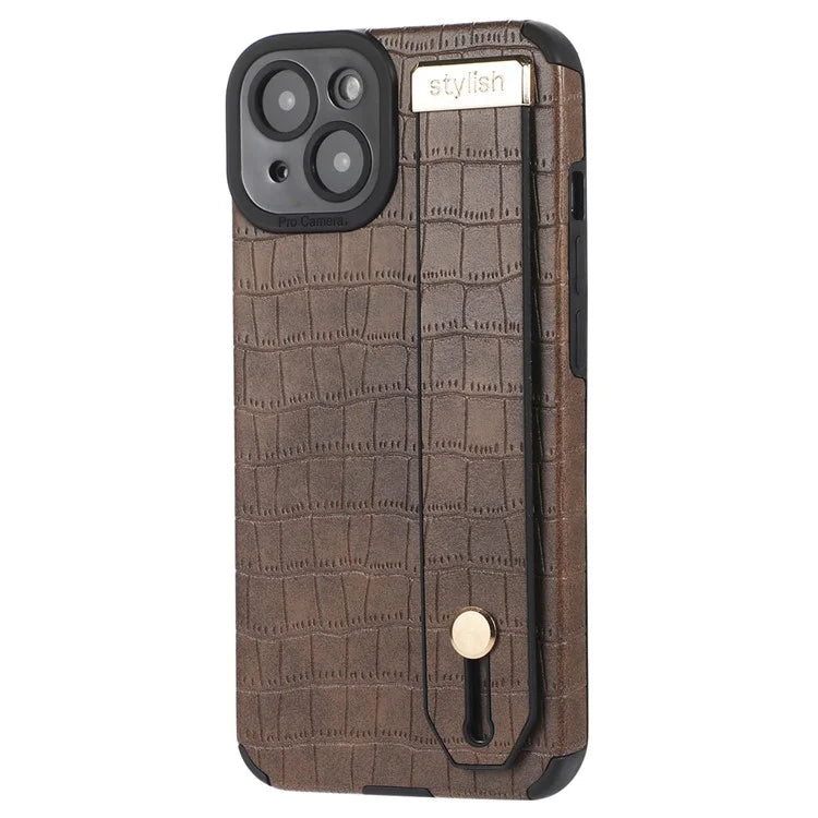 For iPhone 13 Case Wristband Kickstand Slim-Fit Crocodile Texture PU Leather+TPU Phone Cover