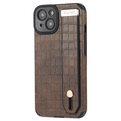For iPhone 13 Case Wristband Kickstand Slim-Fit Crocodile Texture PU Leather+TPU Phone Cover