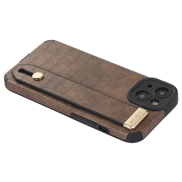 For iPhone 13 Case Wristband Kickstand Slim-Fit Crocodile Texture PU Leather+TPU Phone Cover
