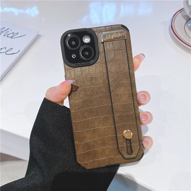 For iPhone 13 Case Wristband Kickstand Slim-Fit Crocodile Texture PU Leather+TPU Phone Cover