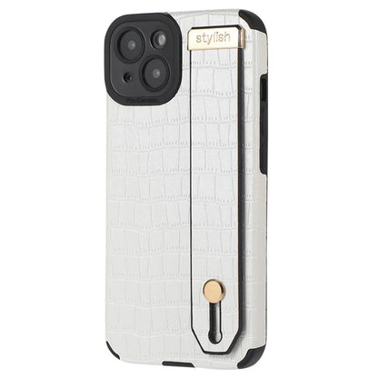 For iPhone 13 Case Wristband Kickstand Slim-Fit Crocodile Texture PU Leather+TPU Phone Cover