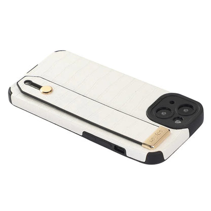 For iPhone 13 Case Wristband Kickstand Slim-Fit Crocodile Texture PU Leather+TPU Phone Cover