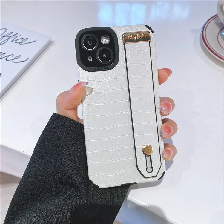 For iPhone 13 Case Wristband Kickstand Slim-Fit Crocodile Texture PU Leather+TPU Phone Cover