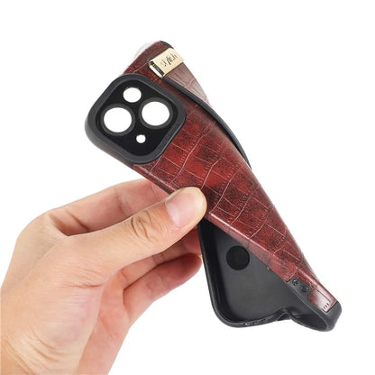 For iPhone 13 Case Wristband Kickstand Slim-Fit Crocodile Texture PU Leather+TPU Phone Cover