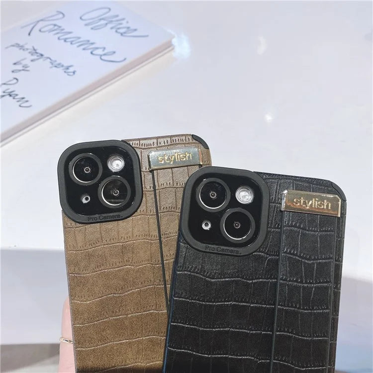 For iPhone 13 Case Wristband Kickstand Slim-Fit Crocodile Texture PU Leather+TPU Phone Cover