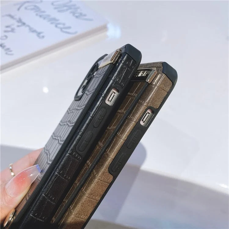 For iPhone 13 Case Wristband Kickstand Slim-Fit Crocodile Texture PU Leather+TPU Phone Cover