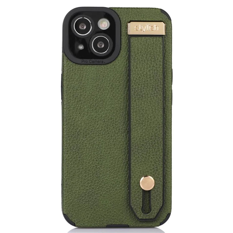 For iPhone 13 Case Kickstand Wrist Strap Textured PU Leather+TPU Phone Cover