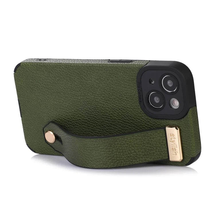 For iPhone 13 Case Kickstand Wrist Strap Textured PU Leather+TPU Phone Cover