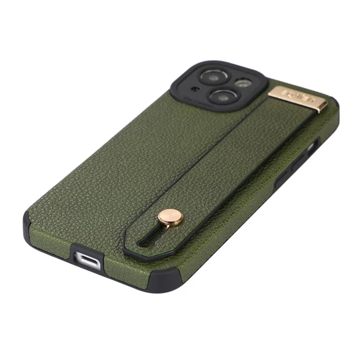 For iPhone 13 Case Kickstand Wrist Strap Textured PU Leather+TPU Phone Cover