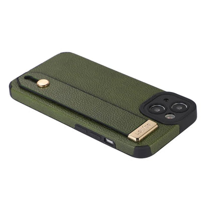 For iPhone 13 Case Kickstand Wrist Strap Textured PU Leather+TPU Phone Cover