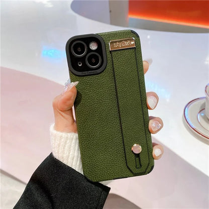 For iPhone 13 Case Kickstand Wrist Strap Textured PU Leather+TPU Phone Cover