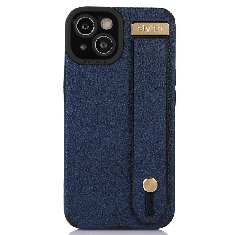 For iPhone 13 Case Kickstand Wrist Strap Textured PU Leather+TPU Phone Cover