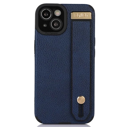 For iPhone 13 Case Kickstand Wrist Strap Textured PU Leather+TPU Phone Cover