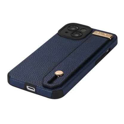 For iPhone 13 Case Kickstand Wrist Strap Textured PU Leather+TPU Phone Cover
