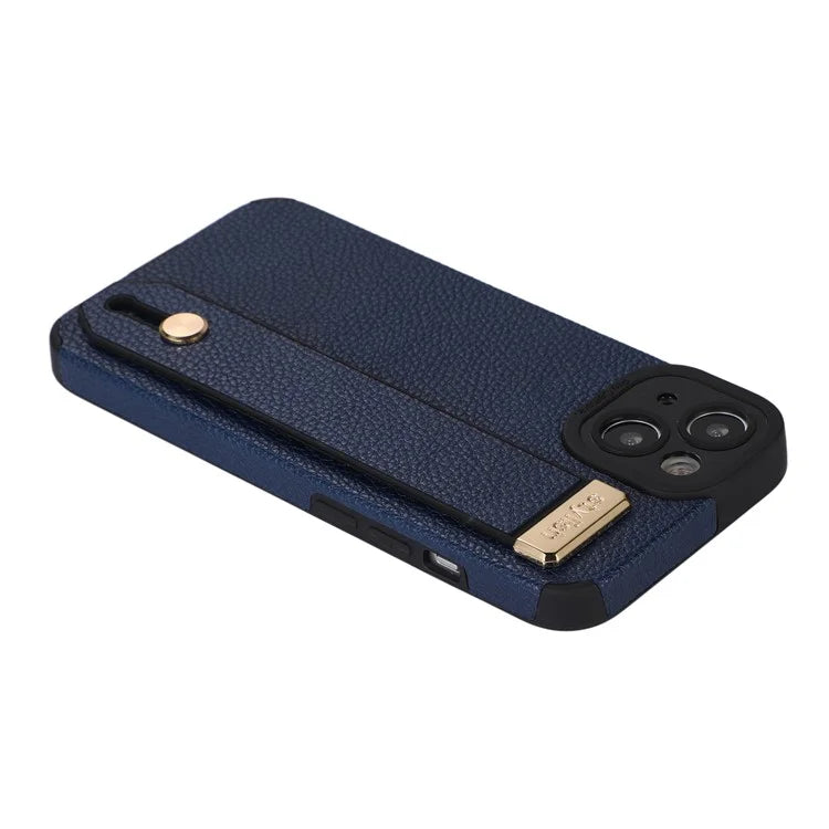 For iPhone 13 Case Kickstand Wrist Strap Textured PU Leather+TPU Phone Cover