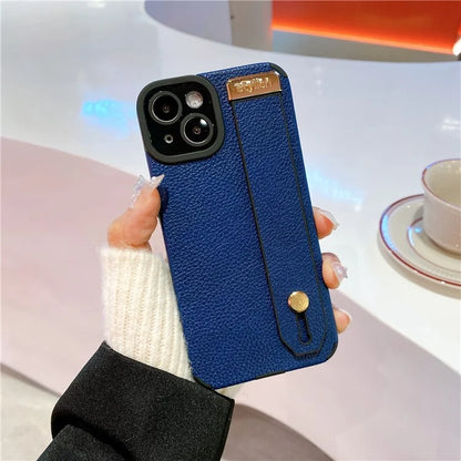 For iPhone 13 Case Kickstand Wrist Strap Textured PU Leather+TPU Phone Cover