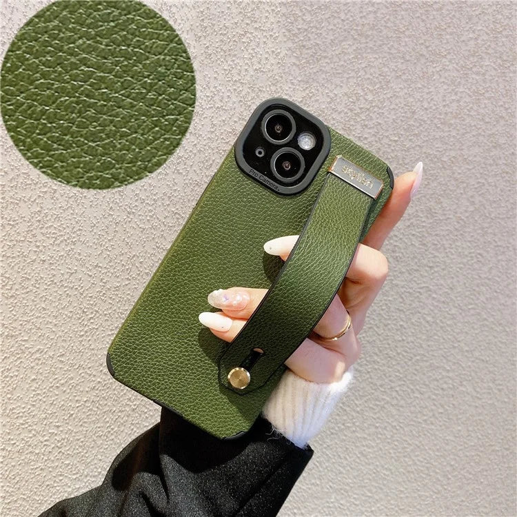 For iPhone 13 Case Kickstand Wrist Strap Textured PU Leather+TPU Phone Cover
