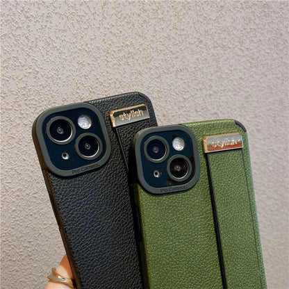 For iPhone 13 Case Kickstand Wrist Strap Textured PU Leather+TPU Phone Cover