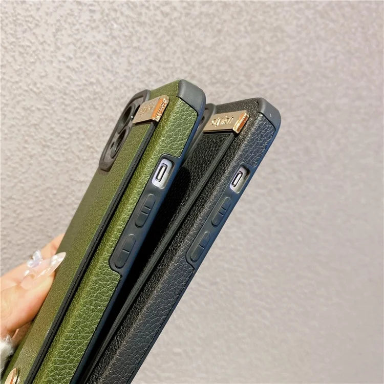 For iPhone 13 Case Kickstand Wrist Strap Textured PU Leather+TPU Phone Cover