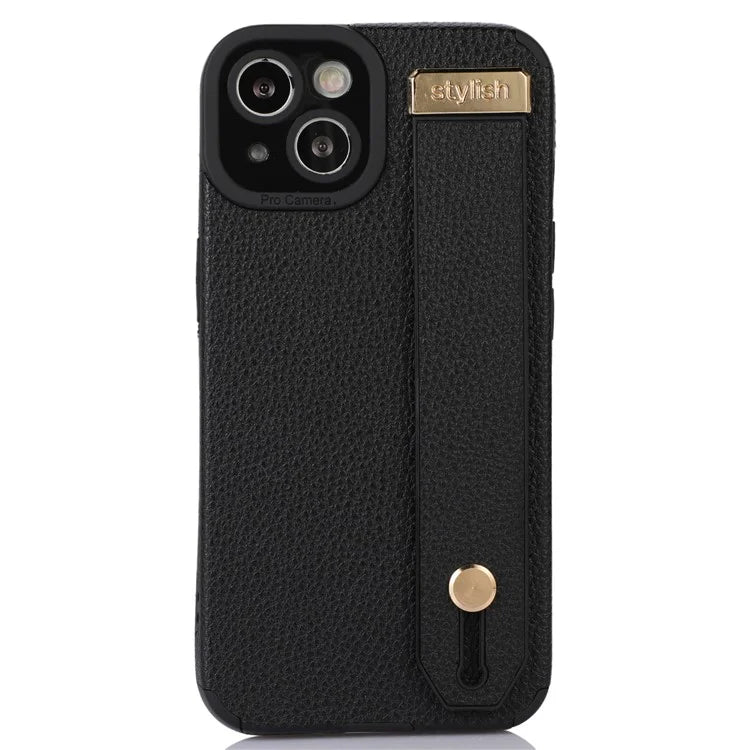 For iPhone 13 Case Kickstand Wrist Strap Textured PU Leather+TPU Phone Cover